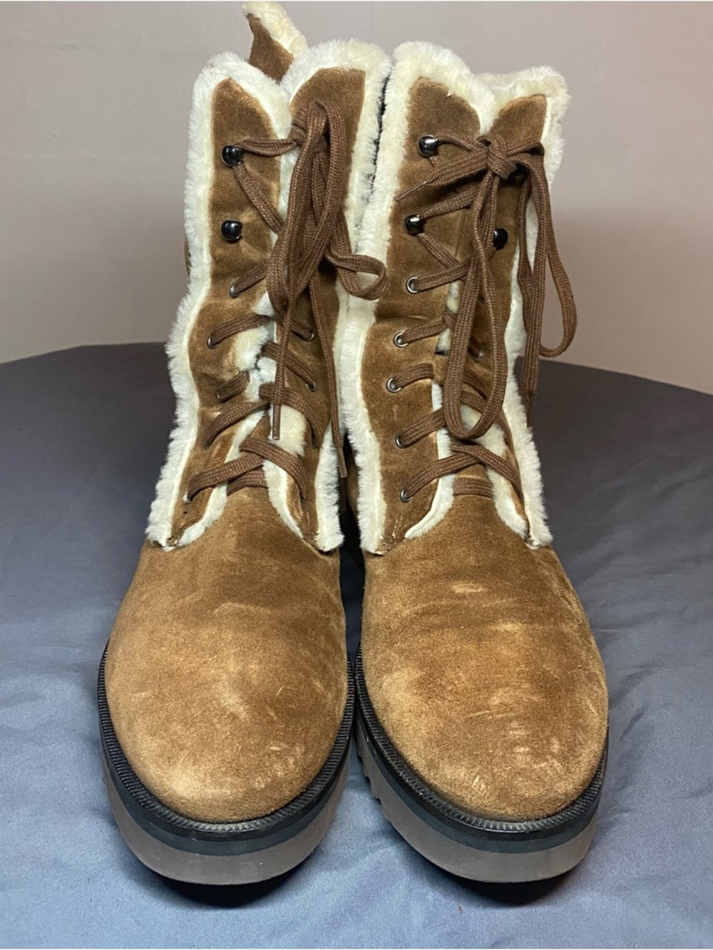 Aquatalia Shearling Suede Boots Women’s 9 Brown Lace Up Zip Made In Italy